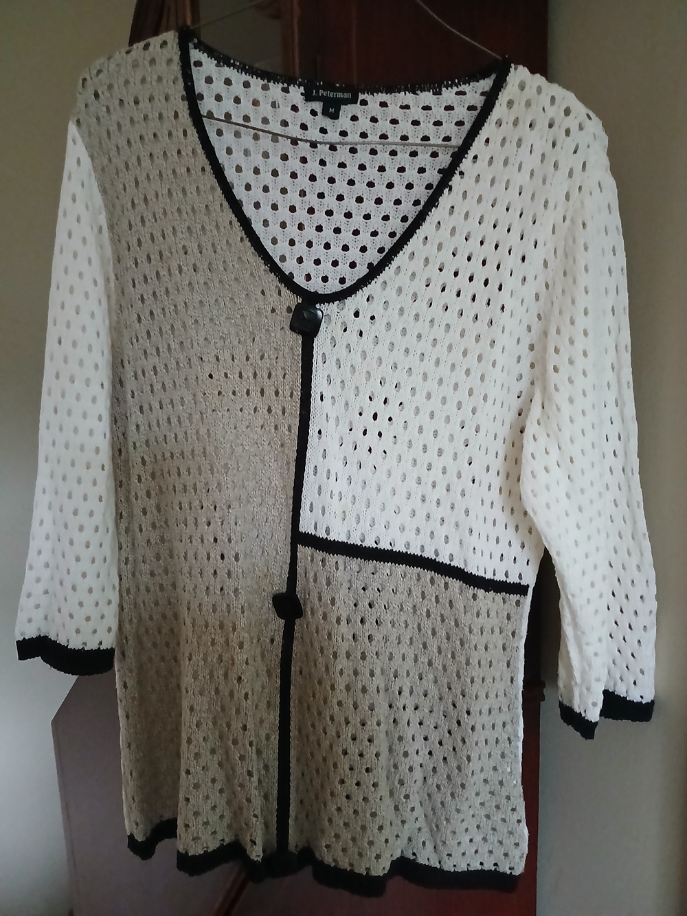 Vintage J. Peterman Two-Tone Open Knit Cardigan — Cream & Tan with Black Trim